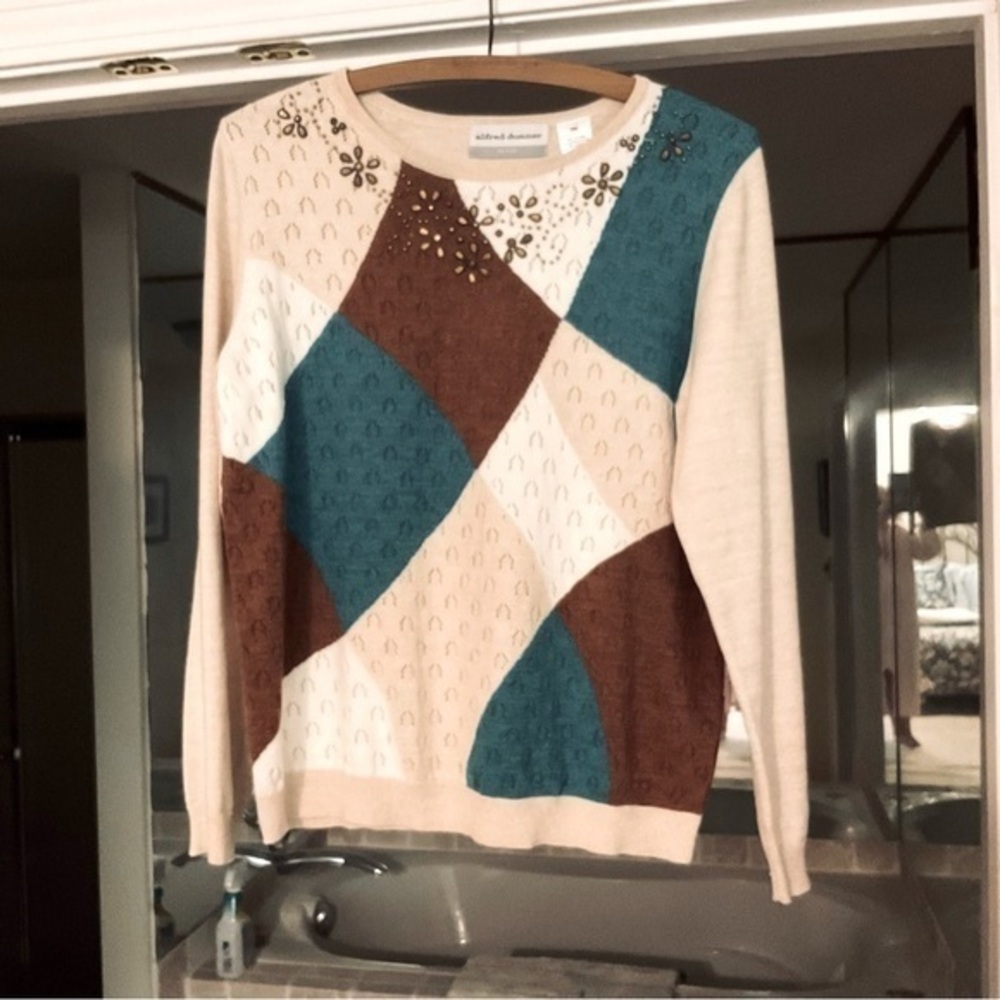 Alfred Dunner Color block LS Sweater Lightweight MP beiges choc brown dk teal